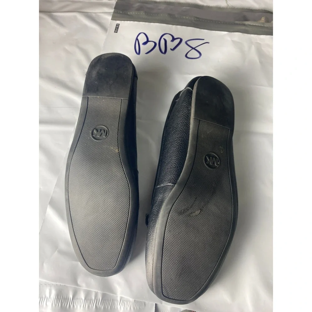 Michael Kors Black Leather Moc Loafers Silver MK‎ Logo Womens 7